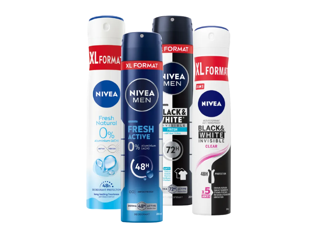 Četiri dezodoransa u spreju, uključujući varijante za muškarce i „Black & White“, sa oznakama „XL format“ i „48h“ ili „72h“ zaštite.