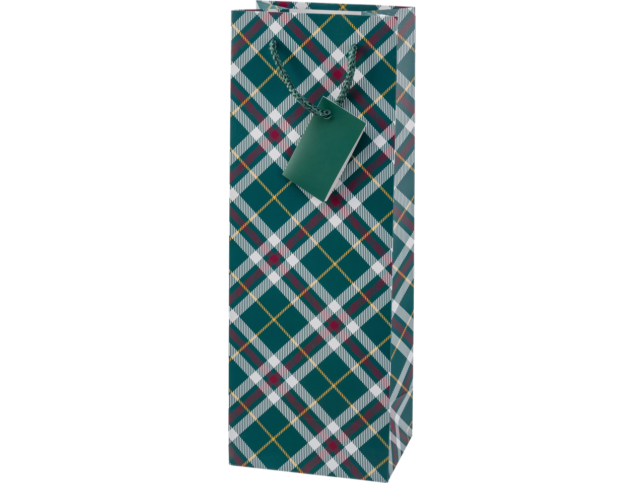 Crelando® dovanų maišelis su žaliu, baltu, raudonu ir geltonu languotu raštu.