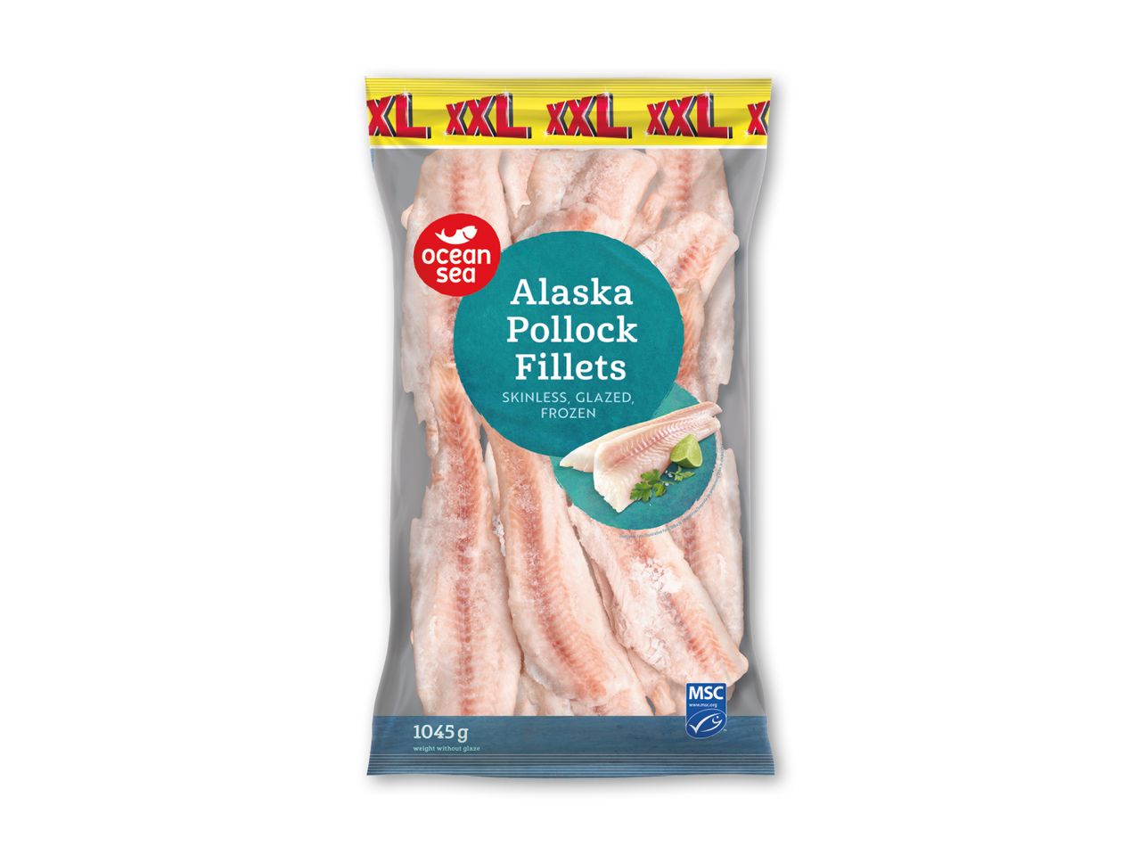 Ocean Sea Alaska Pollock Filets (1045g), MSC certificeret, frosne og uden skind.