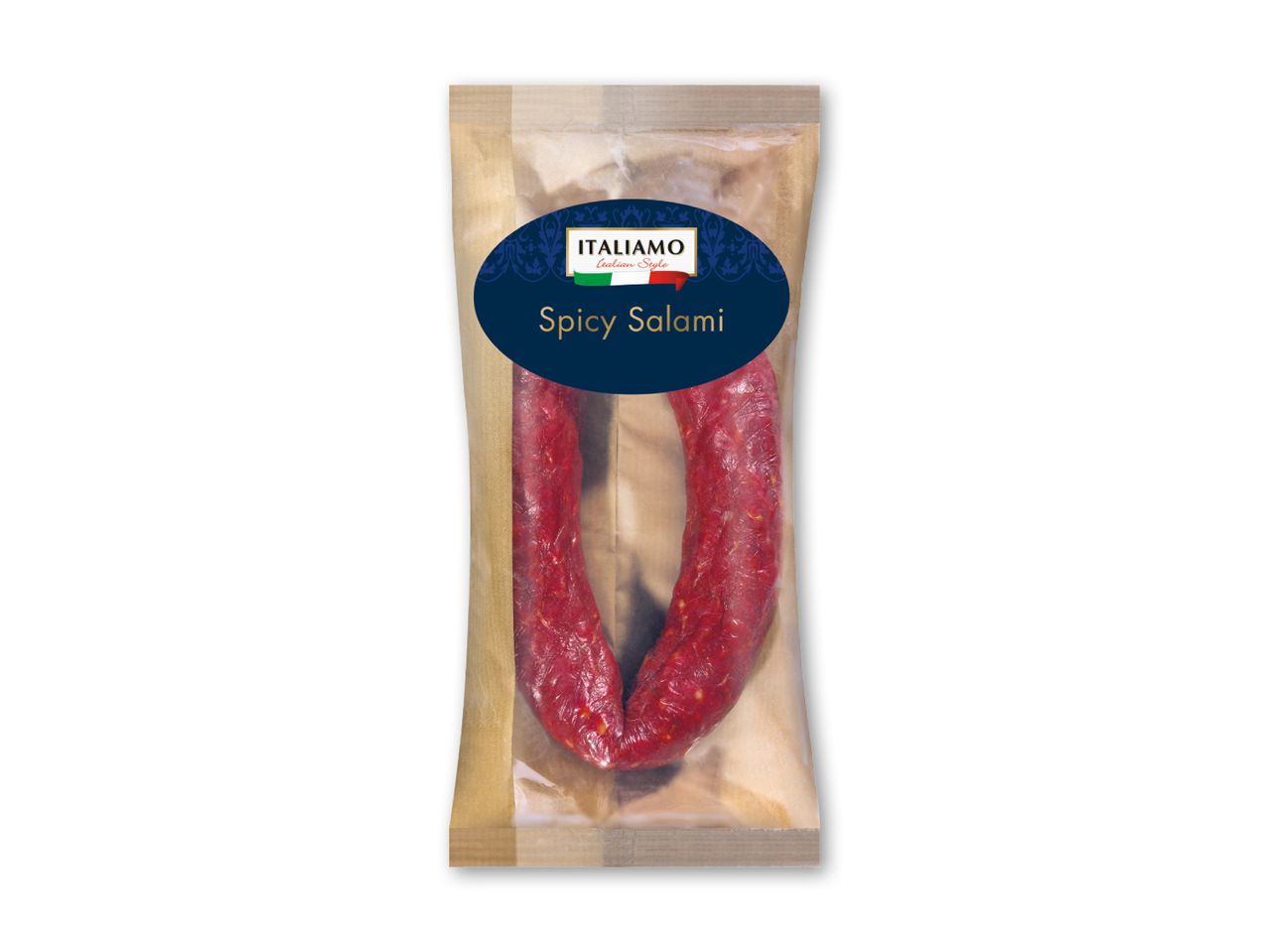 ITALIAMO Spicy Salami i en gennemsigtig emballage.