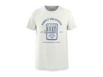 White men's t-shirt with a blue sardine can graphic and text: 'Simply Delicious, Ocean-Friendly Catch'