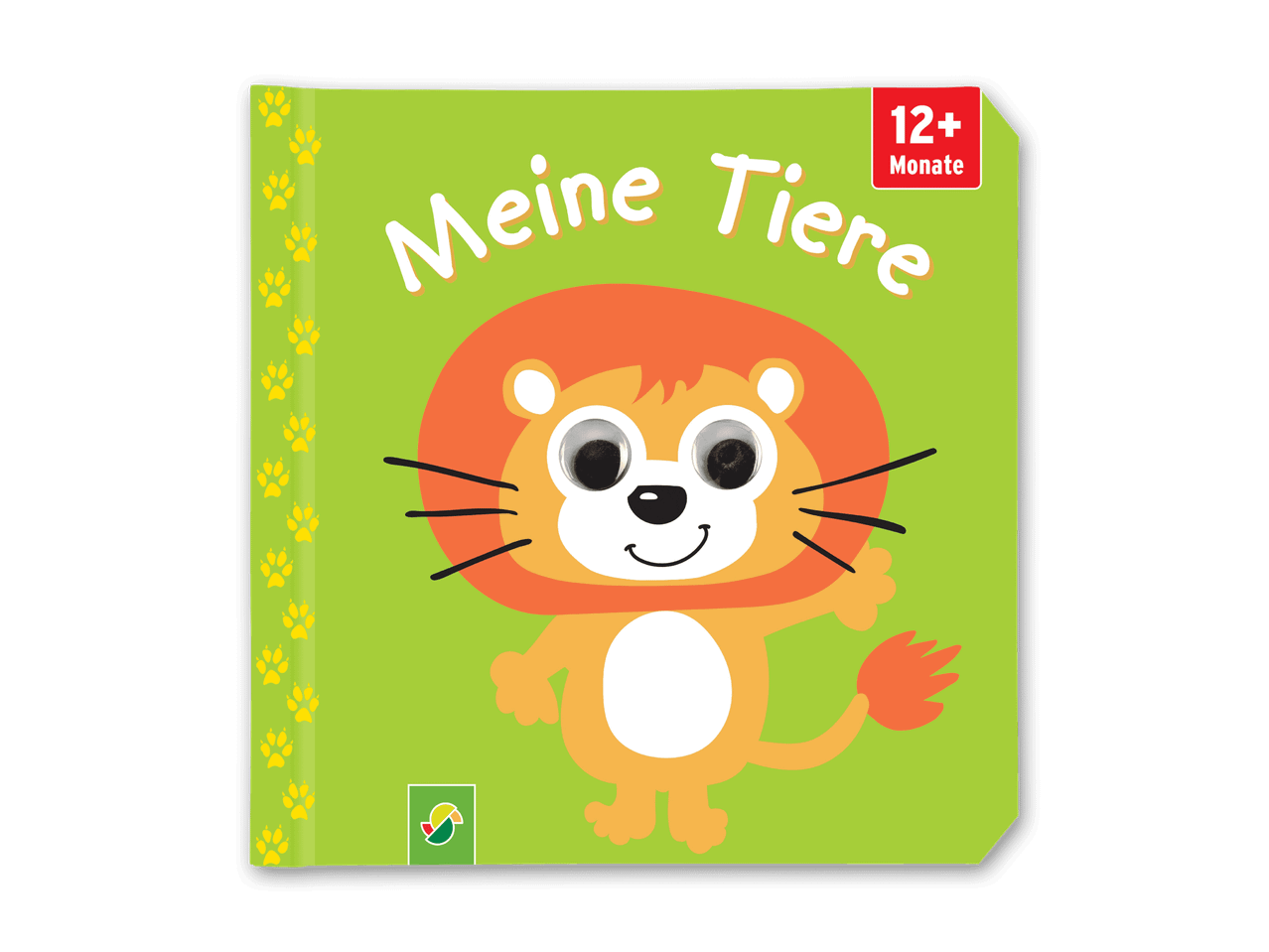Kinderbuch „Meine Tiere“ mit einem Löwen auf grünem Hintergrund, empfohlen ab 12 Monaten.