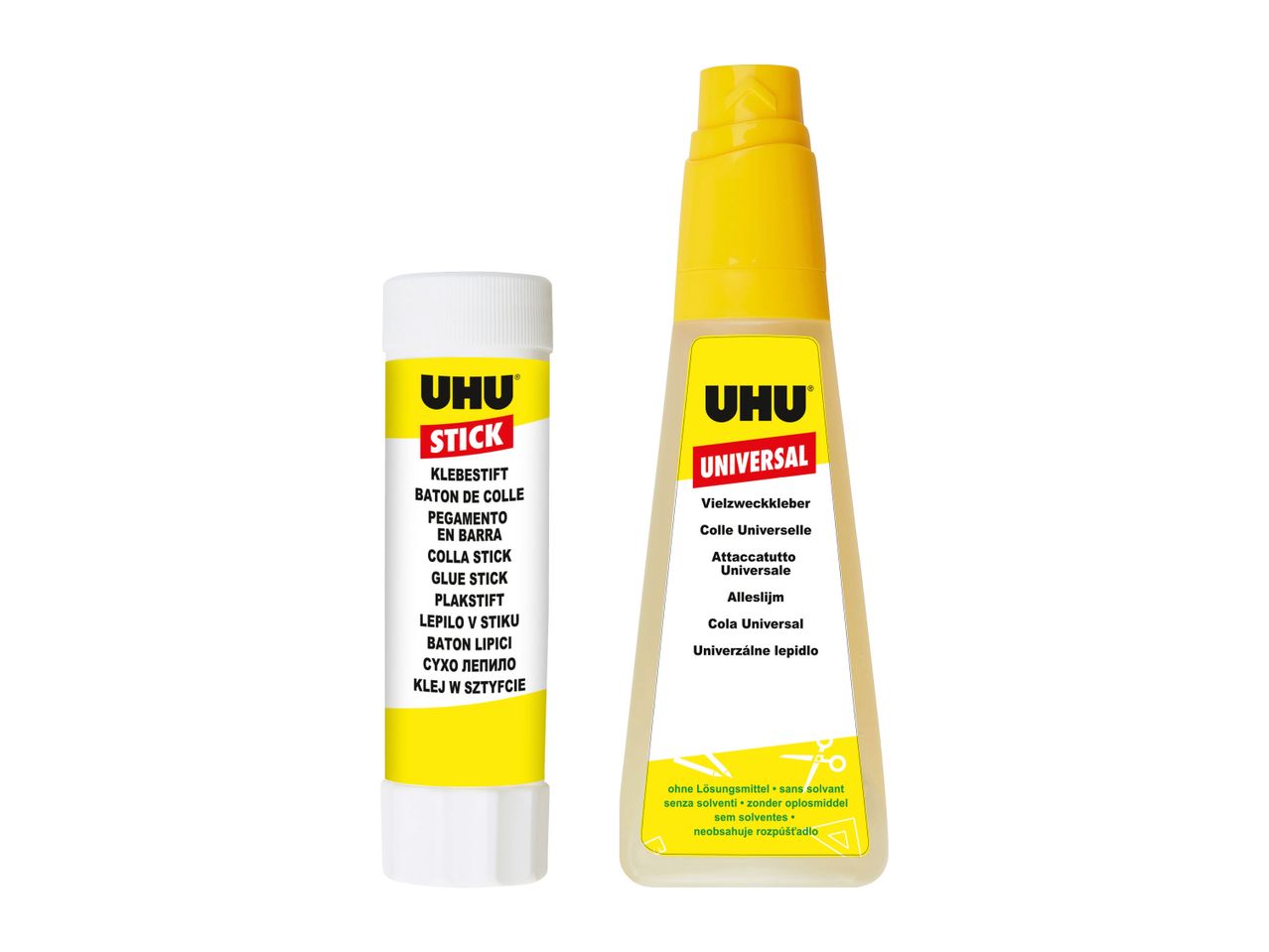 Zwei UHU-Klebstoffe: ein Klebestift und ein Universalflüssigkleber.