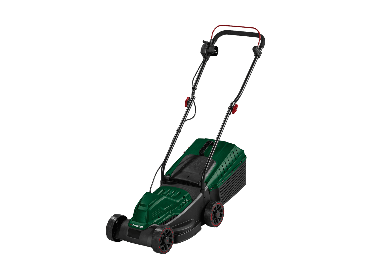 Tondeuse à gazon électrique verte et noire avec poignée rouge.
