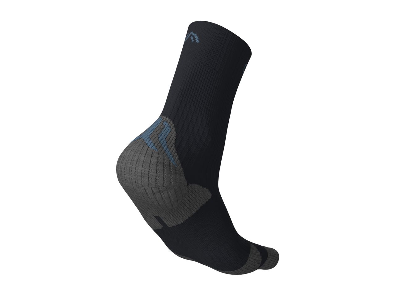 Black and grey athletic crew sock with reinforced heel and toe.
