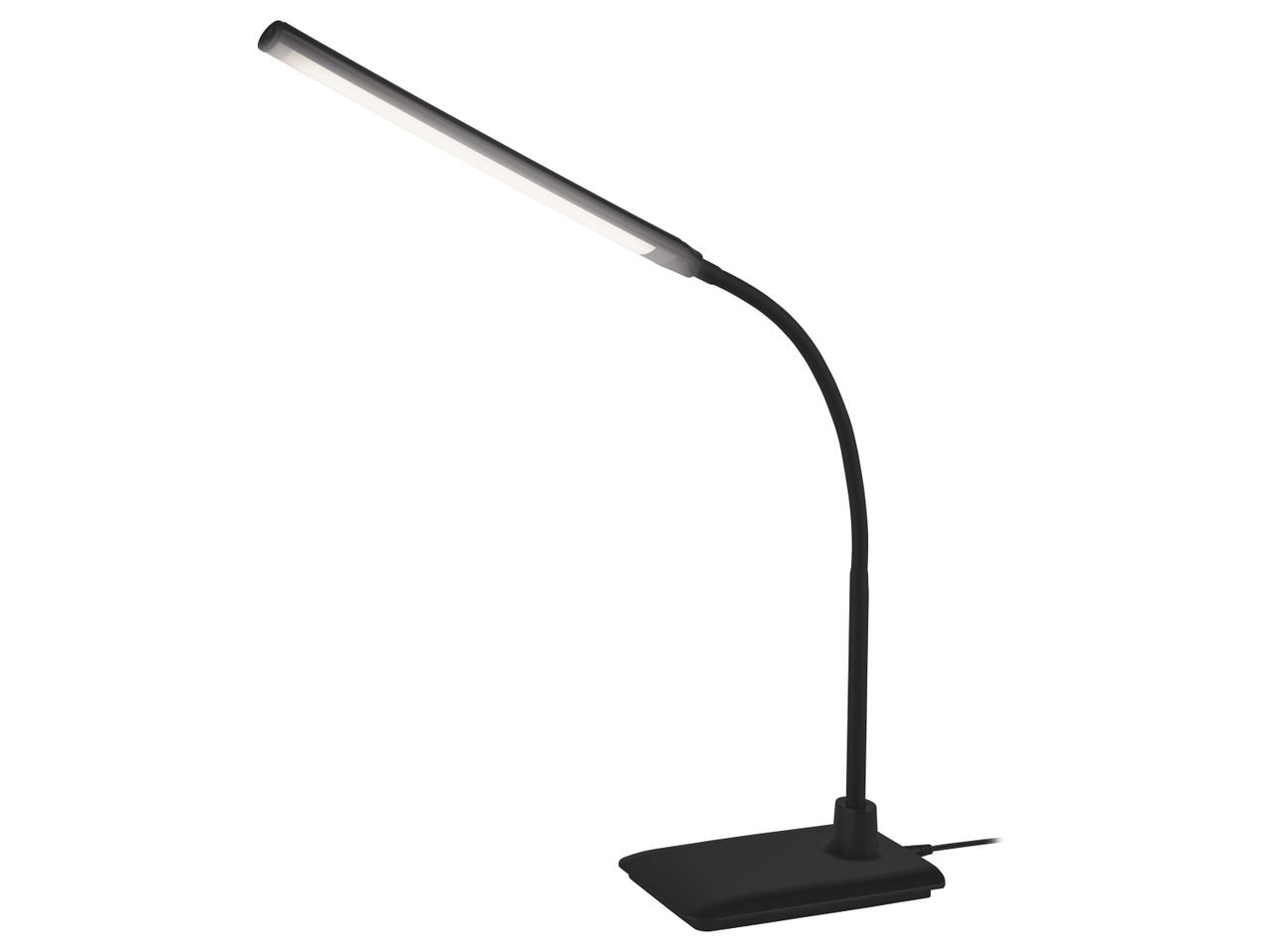 Lampada da tavolo LED nera con braccio flessibile.
