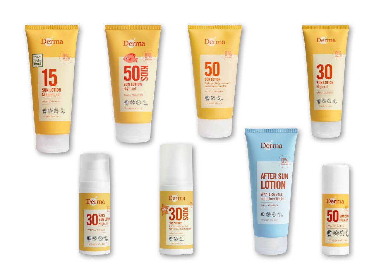 En række solcremer og aftersun-produkter, herunder solcreme til børn, ansigtssolcreme og solstift, alle parfumefri.