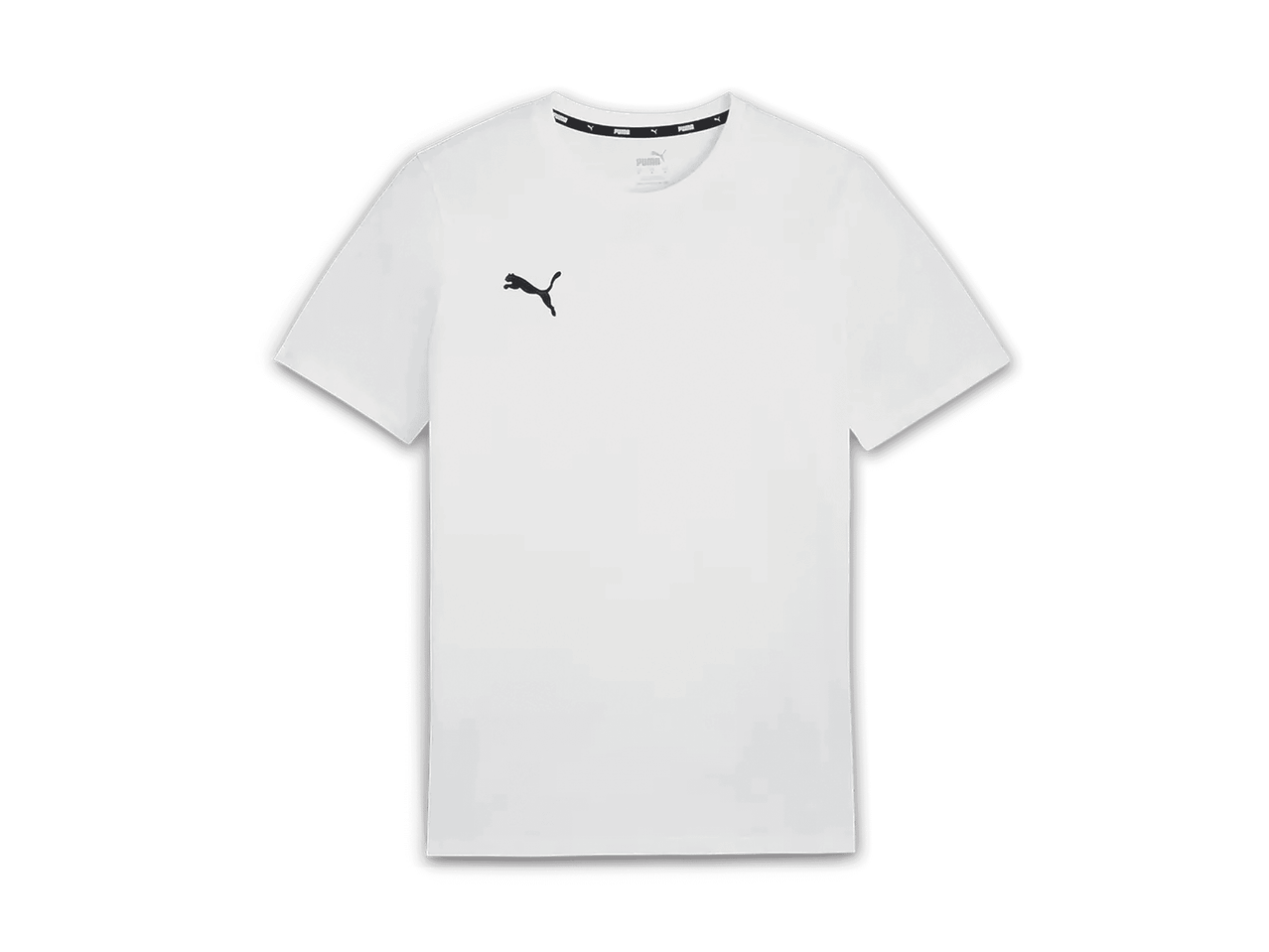 Weißes T-Shirt mit schwarzem Logo auf der Brust und am Nacken.