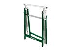 Green and silver adjustable sawhorse with a sturdy metal frame.
