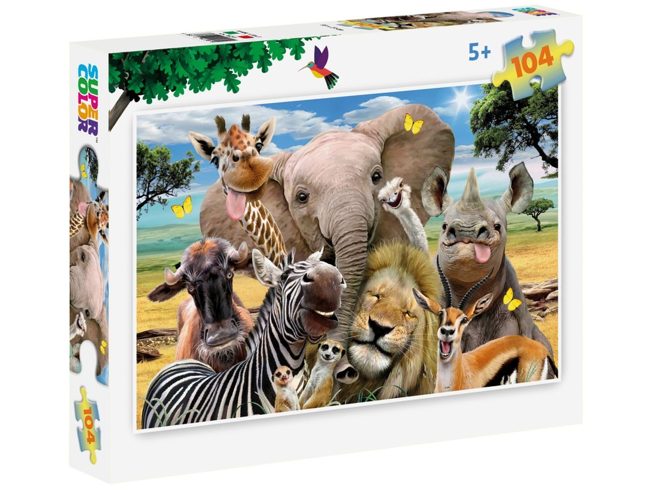 Super Color 104-piece children's jigsaw puzzle featuring a funny safari animal selfie.