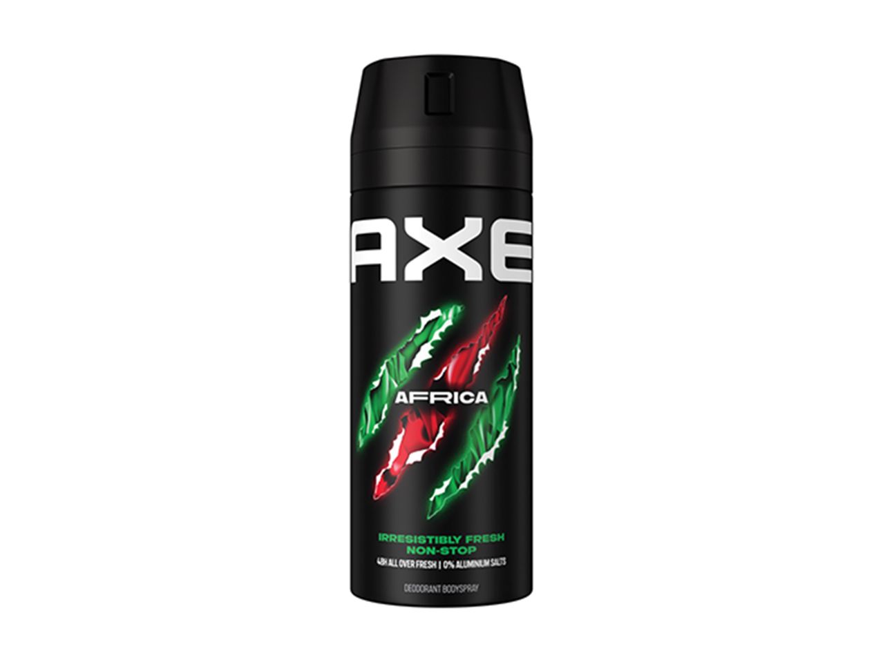 Μαύρο σπρέι σώματος Axe Africa με πράσινες και κόκκινες ρίγες.