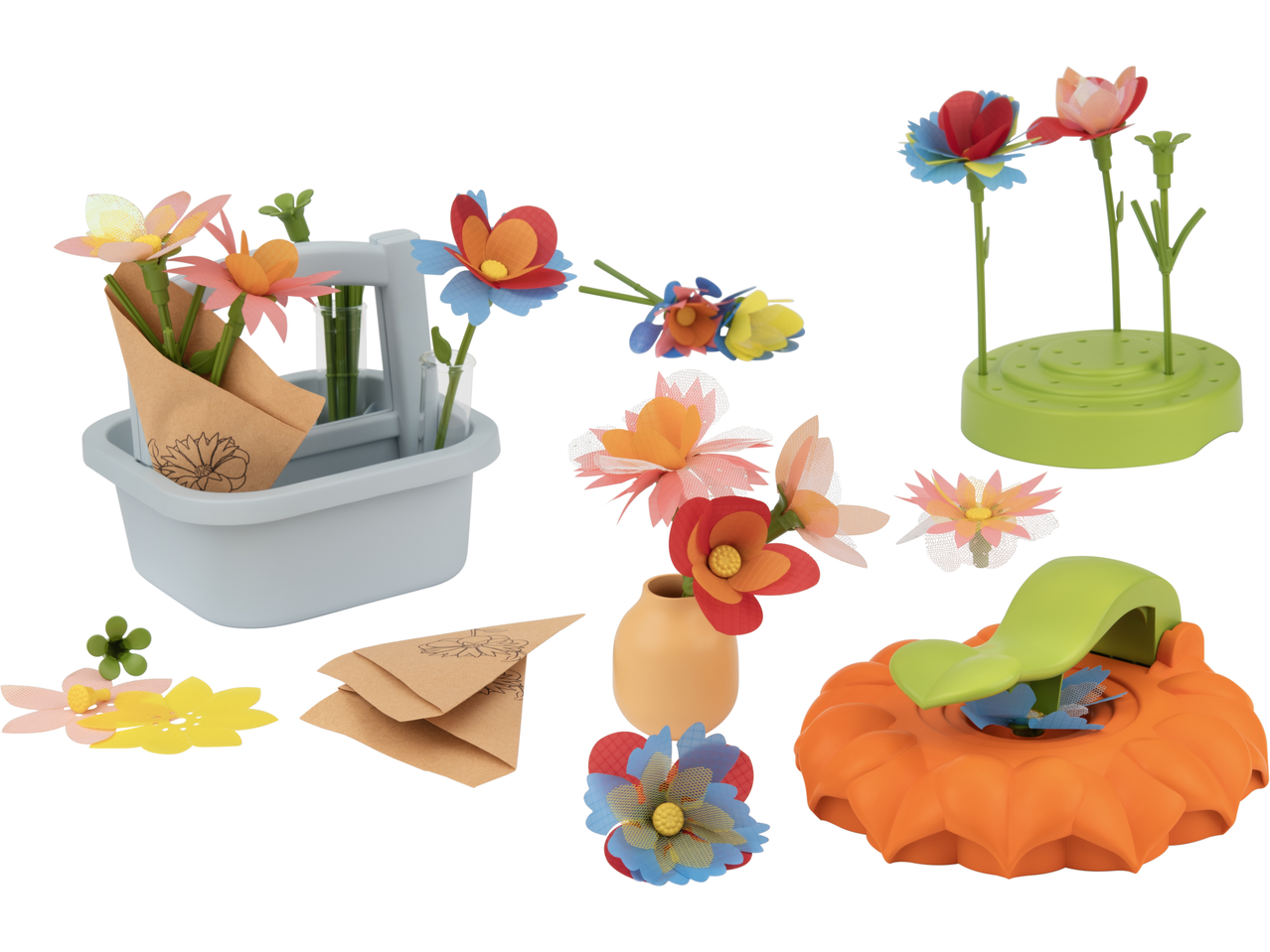 Spielset mit Papierblumen, Vasen und Werkzeugen zum Blumenmachen.