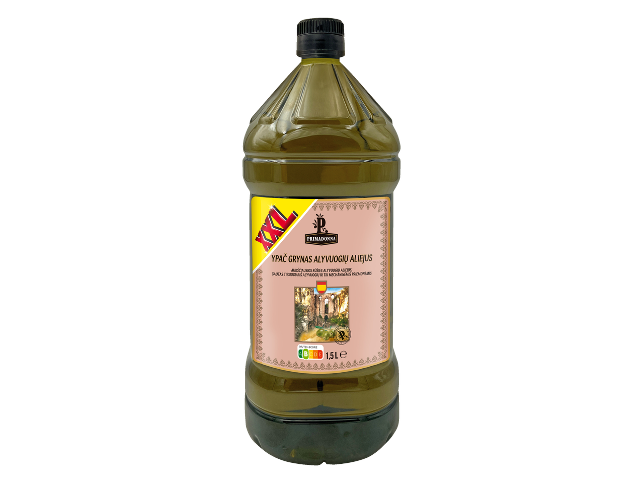 Butelis Primadonna ypač tyro alyvuogių aliejaus su Nutri-Score A etikete.
