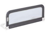 Grey bed rail with white mesh and white plastic fittings, angled view.