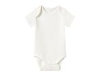 White short-sleeved baby bodysuit with snap closures.