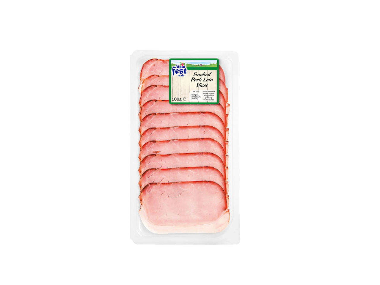 Alpenfest Smoked Pork Loin Slices, 100g pack with nutritional information.