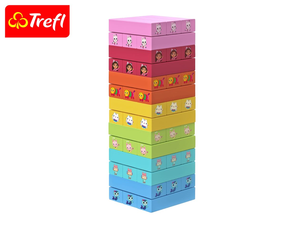 A stack of colorful boxes with cartoon characters, ranging from pink to blue.