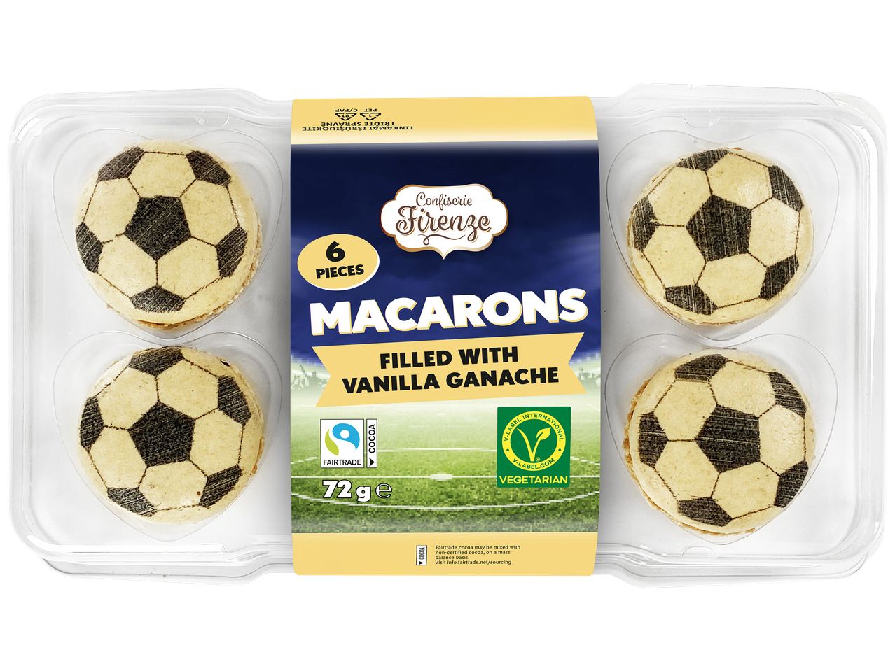 Macarons en forme de ballon de football, fourrés à la ganache vanille, 6 pièces, 72g.
