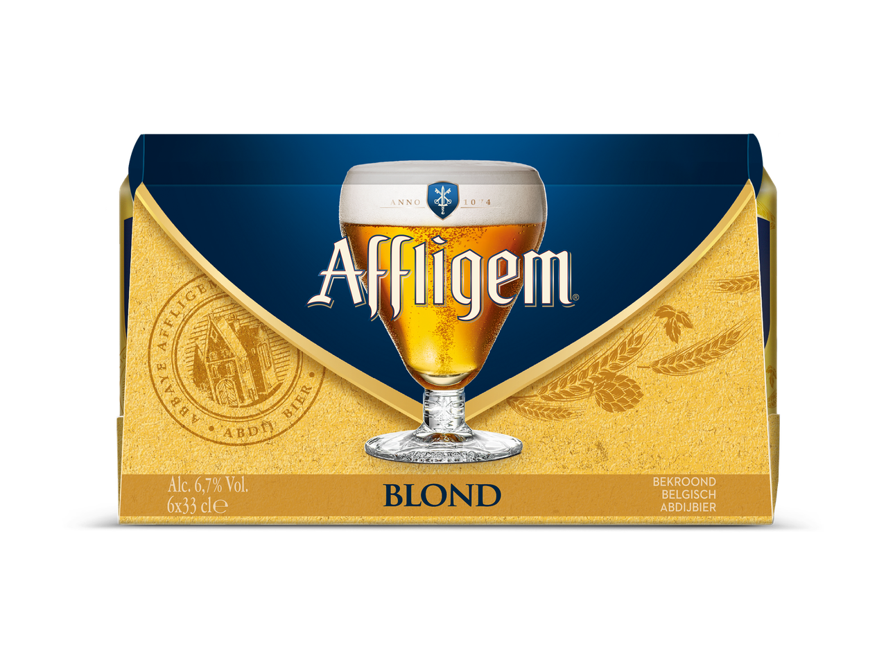 Verpakking van blond abdijbier met een glas bier, alcoholpercentage en inhoud.
