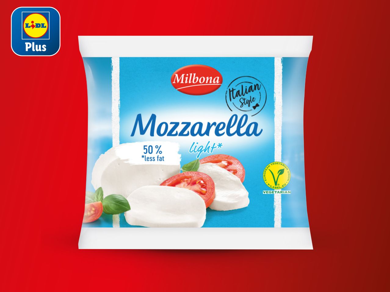 Pakiranje Milbona Mozzarella Light s natpisom 'Italian Style' i logotipom Lidl Plus.