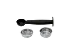 Espresso machine accessories: a black measuring spoon and two silver filter baskets.