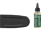 Parkside bio chain oil and a black chainsaw bar cover.