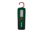 Green and black work light with a red hook and power button.