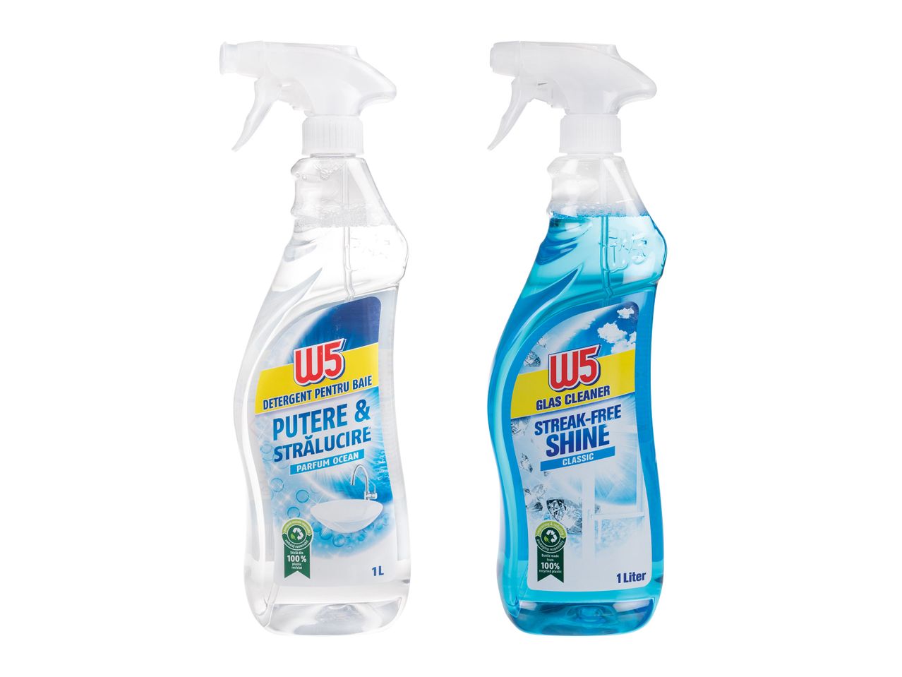 Două sticle de detergent W5, una pentru baie și una pentru geamuri, pe un fundal alb.