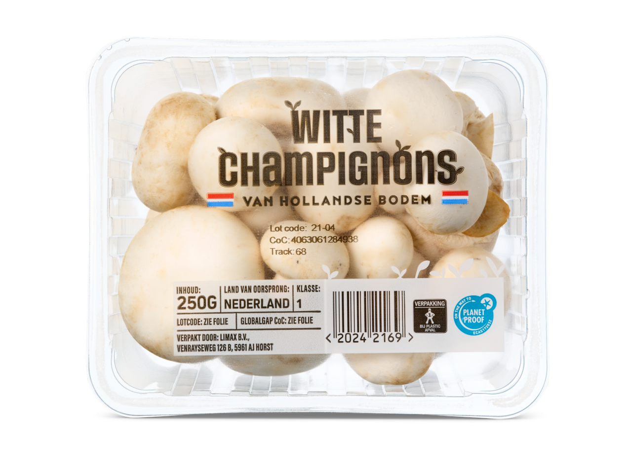 250g witte champignons uit Nederland in een plastic verpakking.