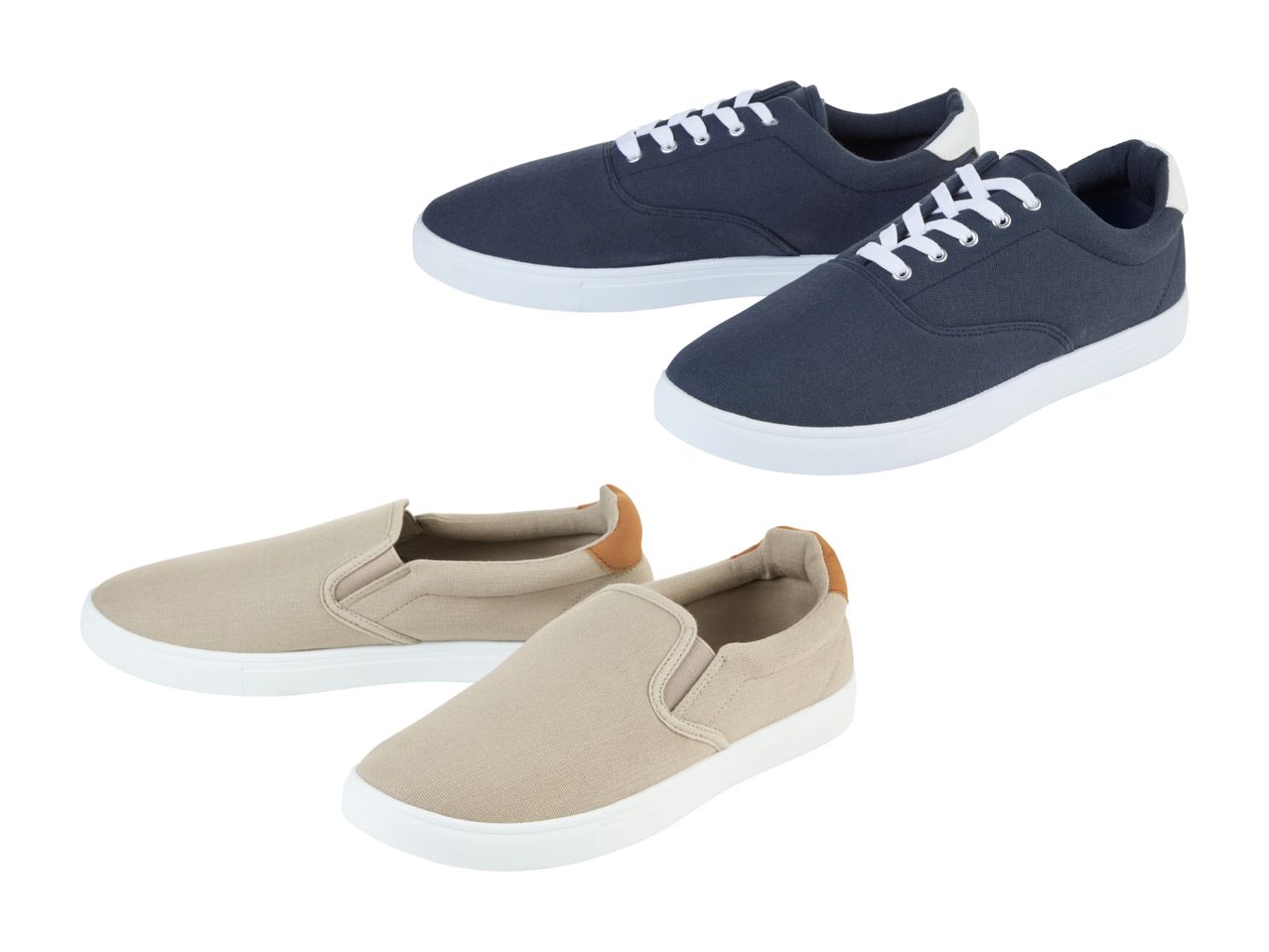 Zwei Paar Schuhe: dunkelblaue Schnürschuhe und beige Slipper.