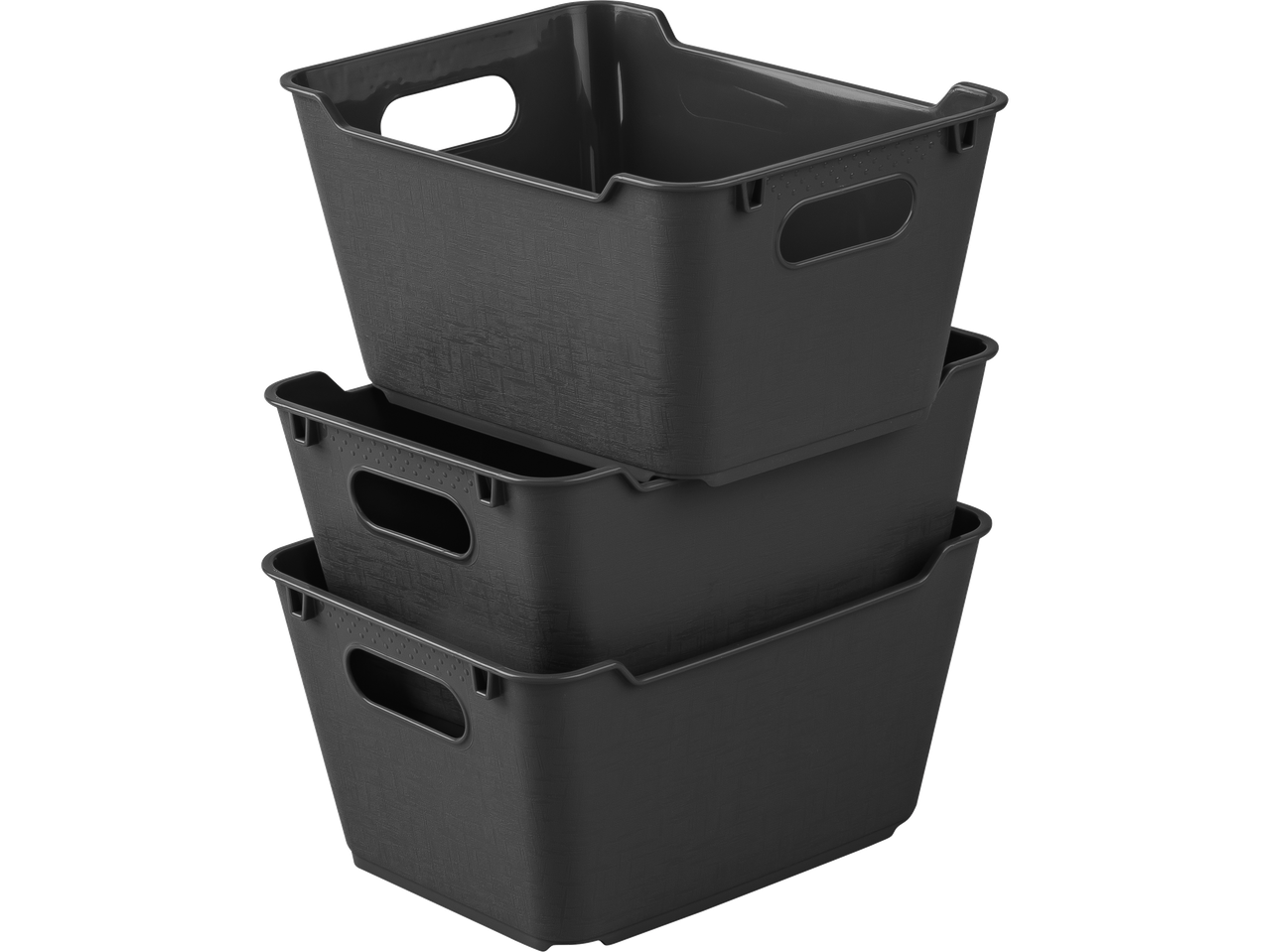 Three dark gray plastic storage bins are stacked on top of each other.