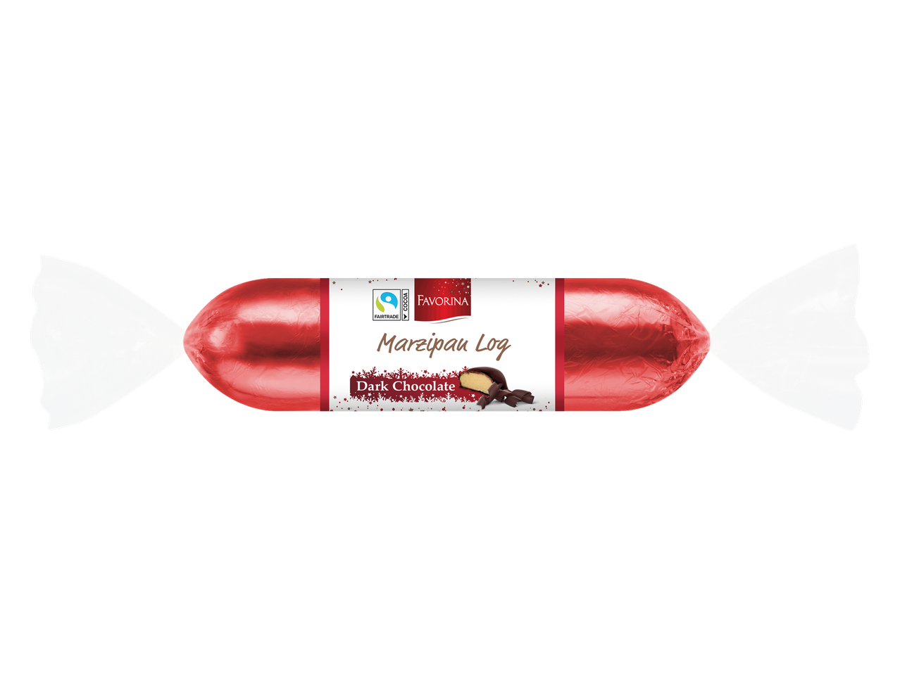 Raudonas saldainis su užrašu „Marzipan Log Dark Chocolate“ ir „Favorina“ logotipu.