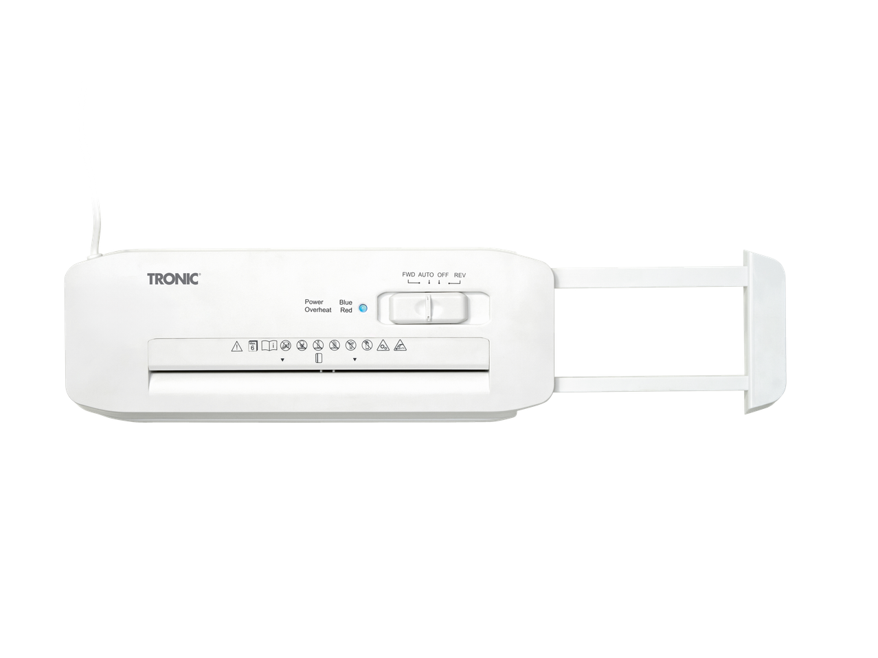 Destruidor de papel TRONIC branco com cabo e braço extensível.