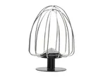 A whisk attachment for a stand mixer, featuring a cage-like design with multiple wire loops.