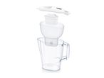 Exploded view of a transparent water filter jug with a white lid and filter cartridge.
