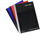Stack of three A4 notebooks in black, red, and blue, with 'super select' and 'Thread Sewn' text.