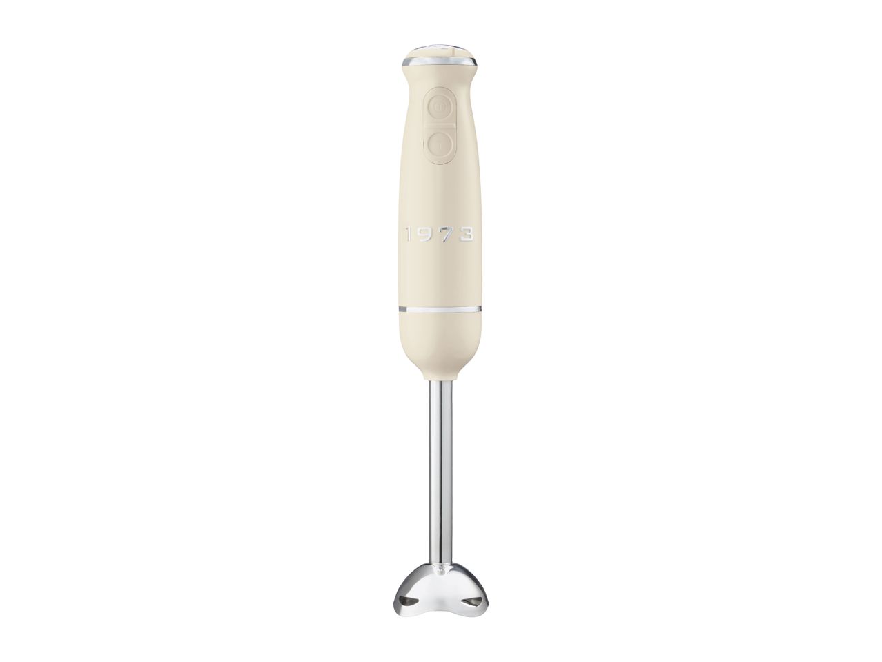 Cream-colored immersion blender with two buttons and '1973' embossed on the handle.