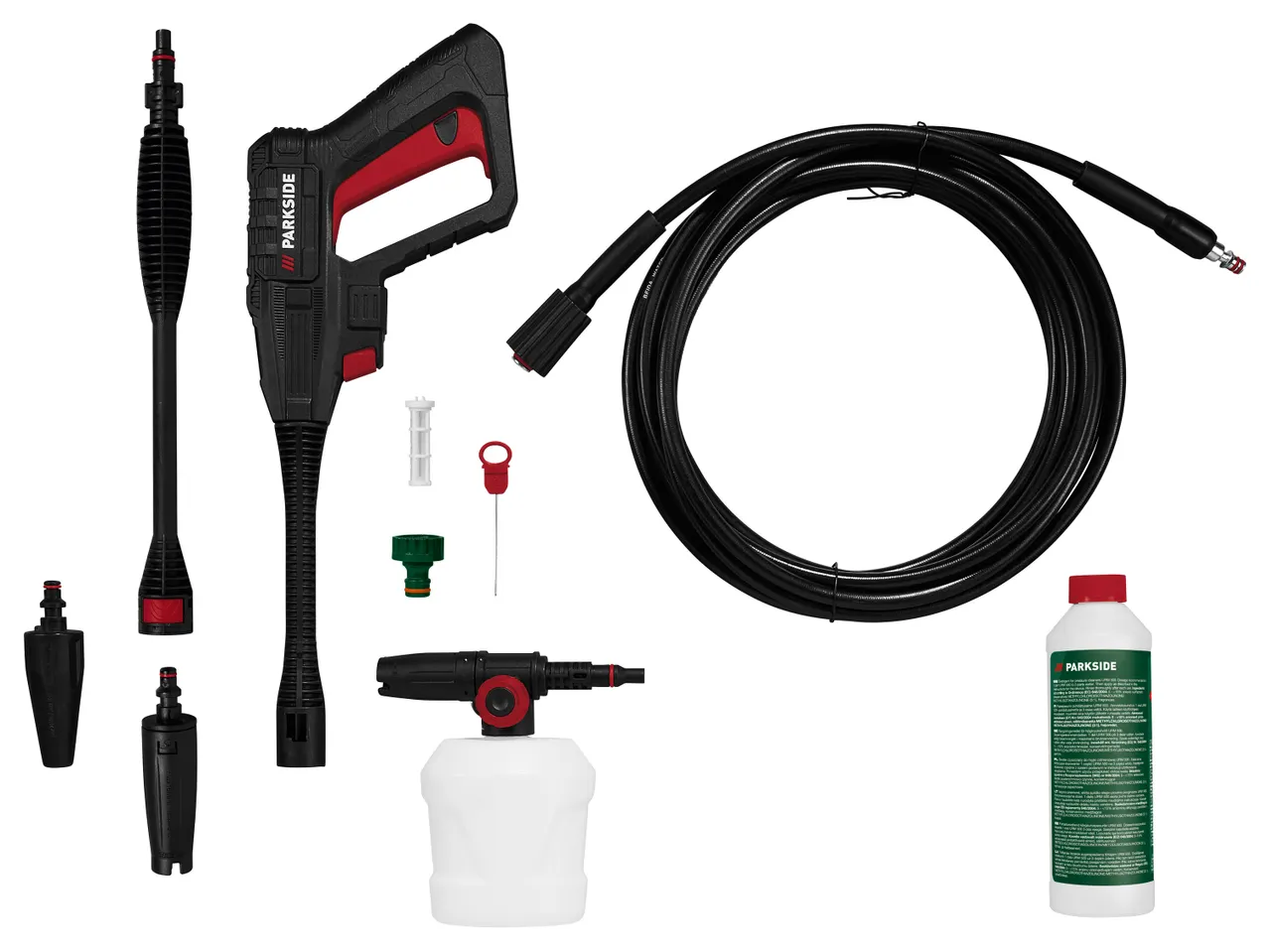 A PARKSIDE® Flexi Pressure Washer gun with various nozzles, hoses, and cleaning solution bottles.