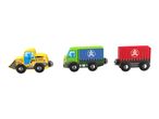 Three wooden toy vehicles: a yellow front loader, a green truck, and a red cargo wagon.