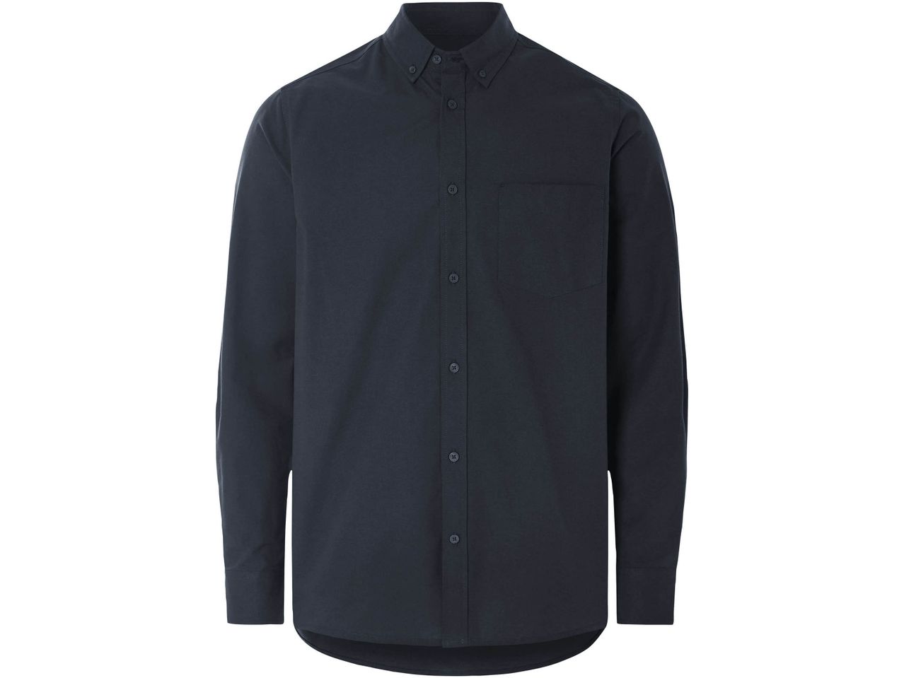 A dark blue long-sleeved button-down shirt with a chest pocket.