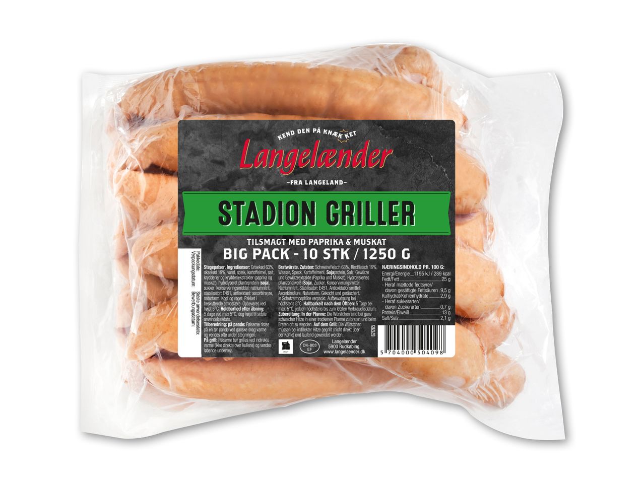 Pakkede grillpølser med paprika og muskat, 10 stk./1250 g.