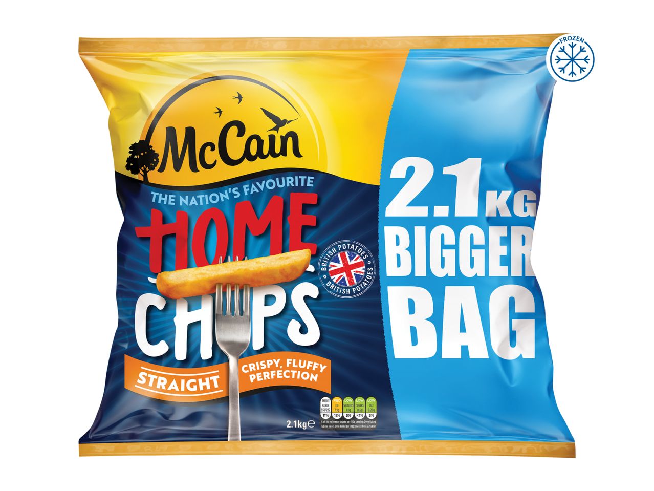 Frozen straight cut chips in a large 2.1kg bag, with a chip on a fork.