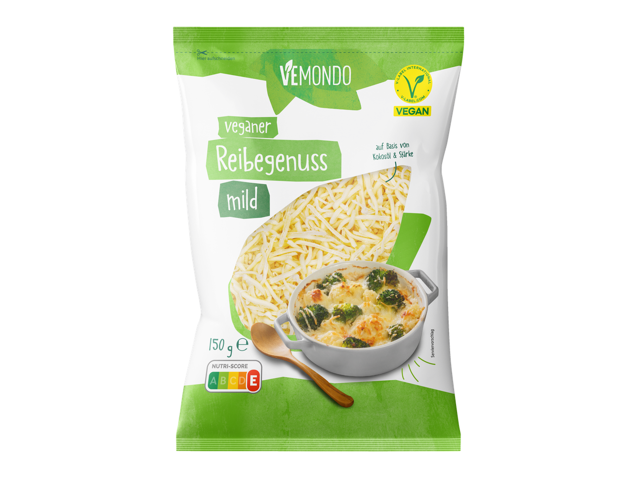 Vemondo veganer Reibekäse, auf Kokosöl & Stärkebasis, mild.