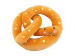 A plush pretzel toy with a smiling face and pink cheeks.