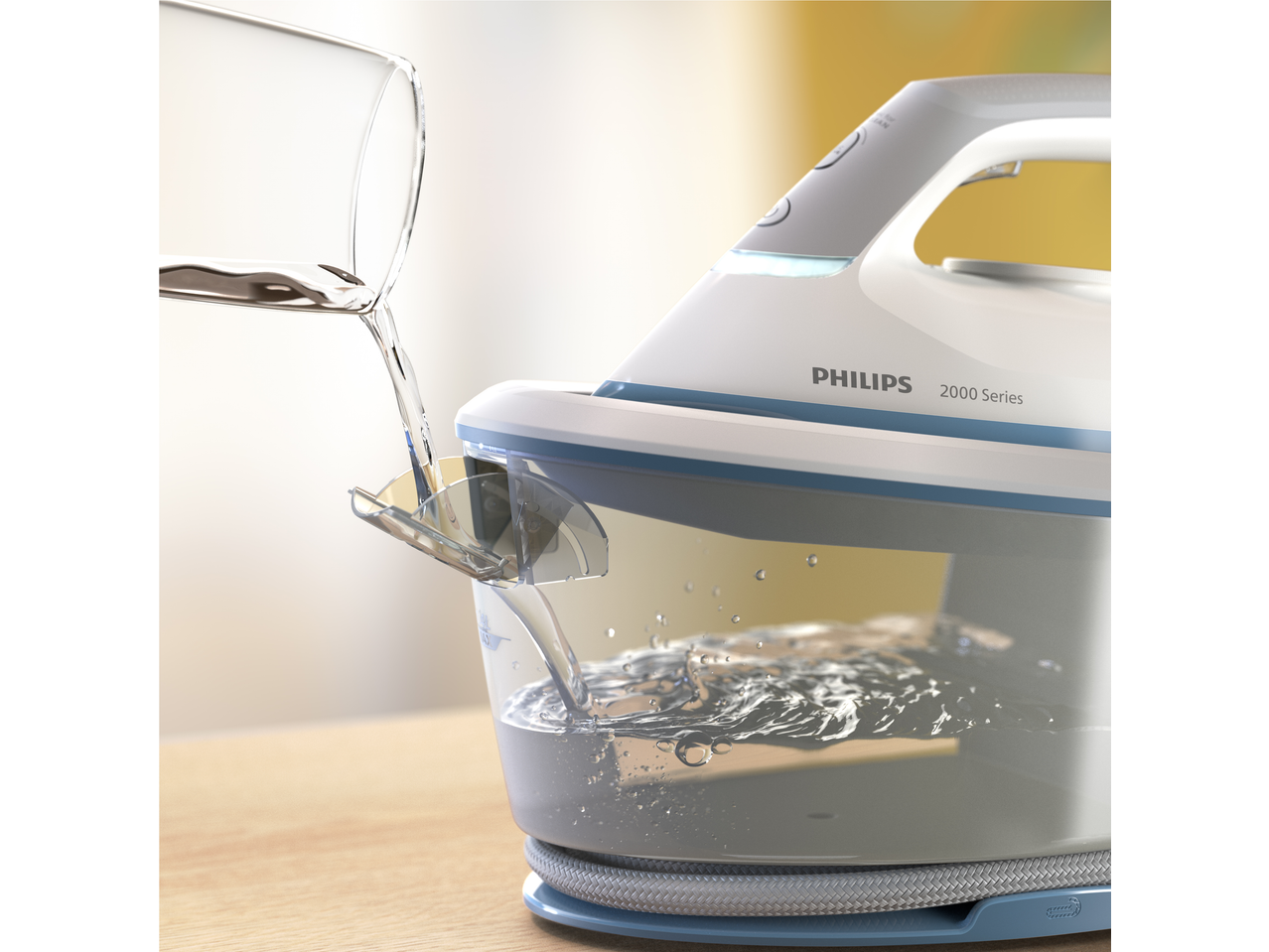Water being poured into a white and blue steam iron with a transparent water tank.