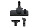 Vacuum cleaner accessories: floor nozzle, crevice tool, and brush attachment.