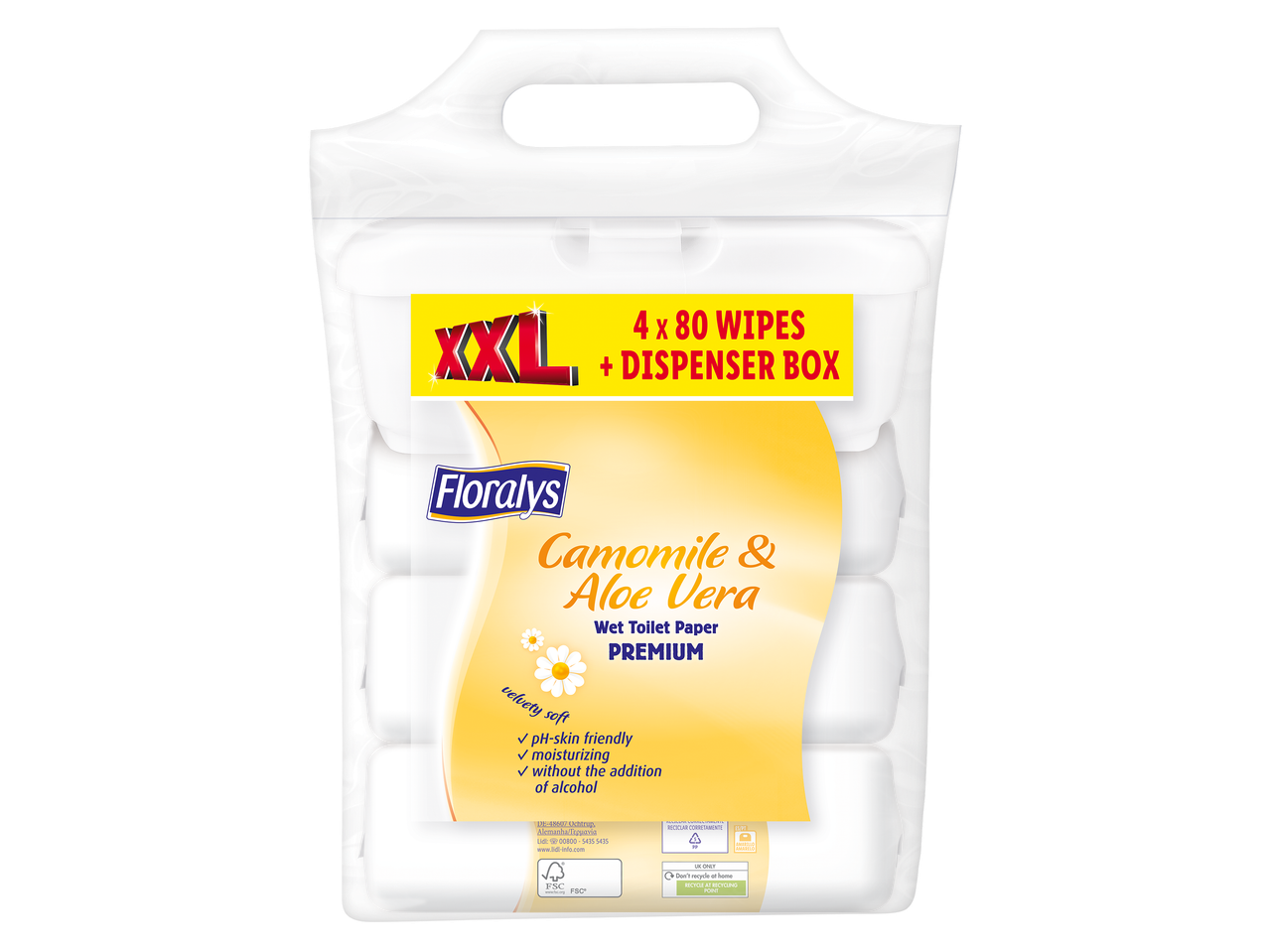 Paquet de 4 x 80 lingettes humides à la camomille et à l'aloe vera avec boîte distributrice.