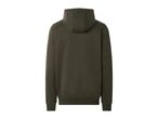 Back view of a men's dark green hoodie with ribbed cuffs and hem