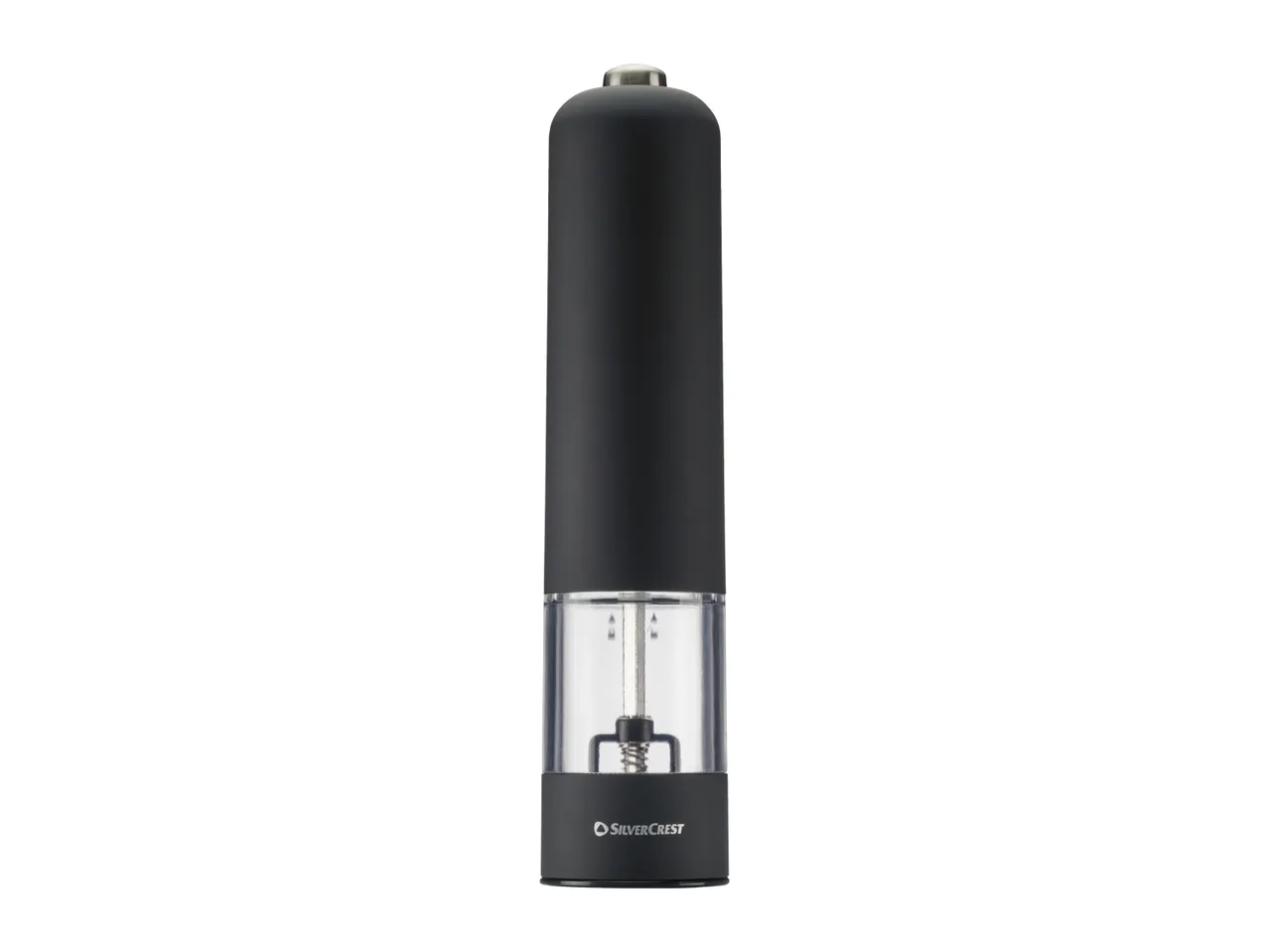 Black electric pepper or salt grinder with a transparent chamber