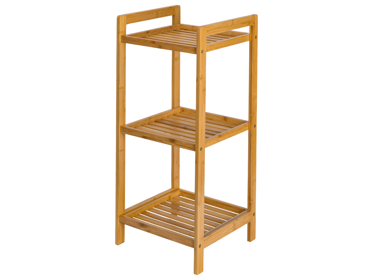 Livarno bambus polica za kupaonicu s tri letvičaste razine na crnoj pozadini.